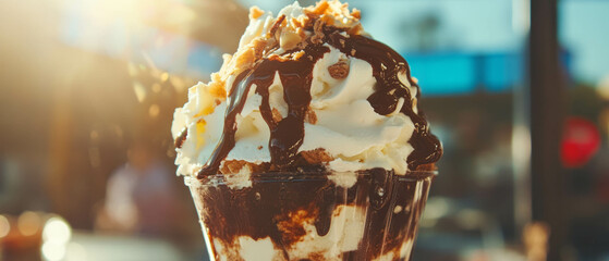 Indulgent melting chocolate sundae with creamy whipped topping under warm sunlight