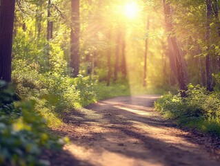 Obraz premium Sunlit Forest Path Magical Summer Woodland Trail with Golden Hour Light and Lush Greenery