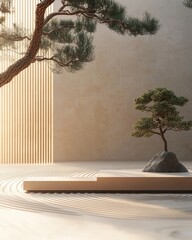 Serene Minimalist Zen Garden Scene Bonsai Tree, Sand, and Wooden Wall, Peaceful Japanese Design Concept.
