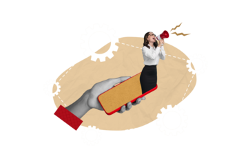 3d magazine collage image of excited lady screaming toa inviting distance remote team work isolated beige color background
