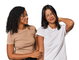 Young Latin friends in studio having a neck pain due to stress, massaging and touching it with hand.