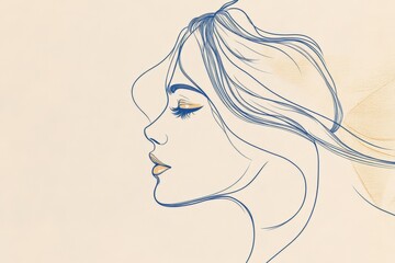 Line art illustration of a womans profile with flowing hair, showcasing elegance and beauty. Ideal...