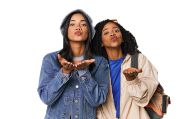 Latin friends ready for vacation folding lips and holding palms to send air kiss.