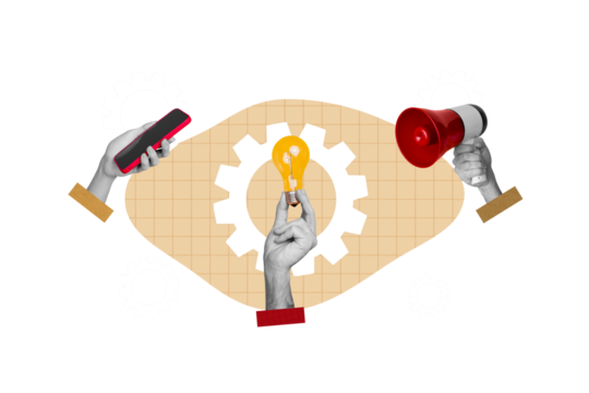 Banner collage billboard illustration of hand hold genius eureka smart idea mechanism phone loudspeaker isolated on beige plaid background