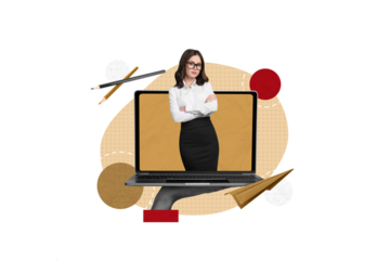 Collage photo of black white colors arm hold netbook display mini elegant girl flying paper plane pencil isolated on beige background