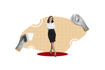 Magazine collage picture of smiling lady having successful achieving success idea isolated beige color background