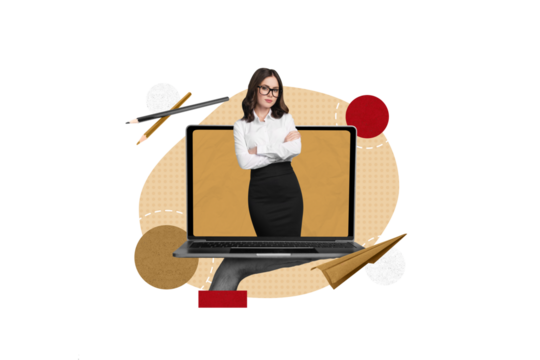 Collage photo of black white colors arm hold netbook display mini elegant girl flying paper plane pencil isolated on beige background - Powered by Adobe