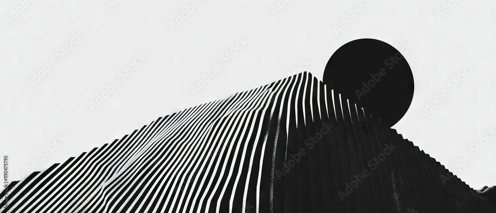 Poster minimalist line art featuring geometric forms and a contrasting circular sun