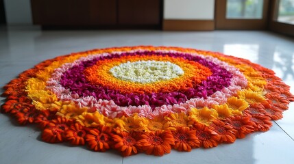 Colorful floral rangoli design on the floor in a bright indoor setting