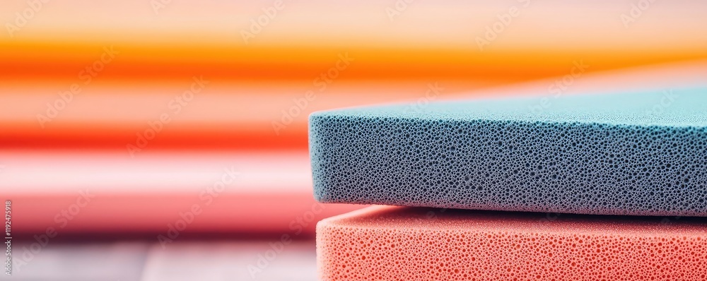 Poster studio absorber concept. close-up of colorful sponges stacked for creative projects and cleaning tas