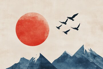 Mountain landscape with a large red sun and flying birds in the sky. Abstract art style, nature scenery, and tranquility in a minimalist design.