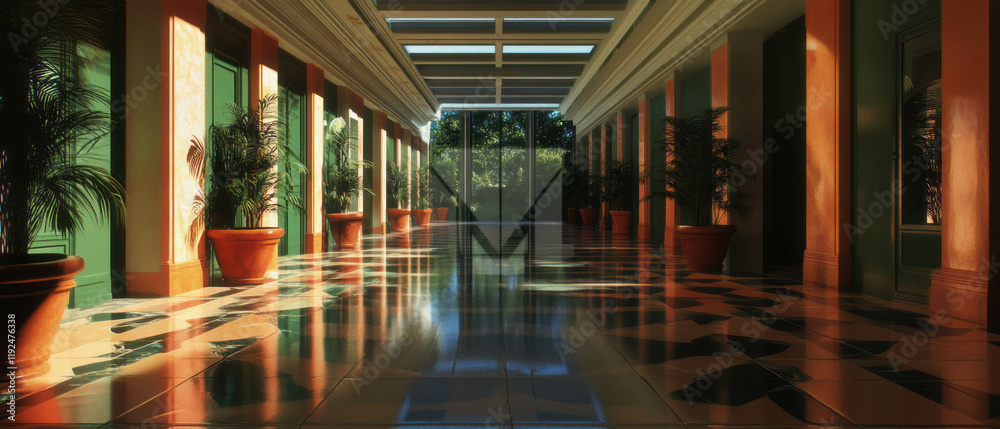 Poster reflections in the hallway with mirrored doors creating extended perspectives
