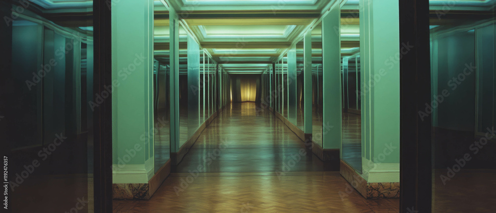 Poster mirrored doors create an extended perspective in a captivating hallway