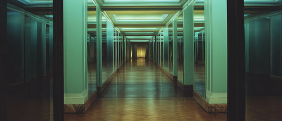 Mirrored doors create an extended perspective in a captivating hallway