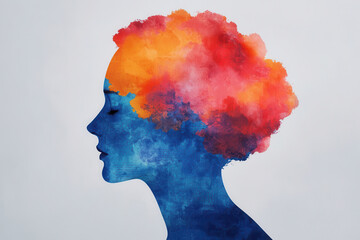vibrant depiction of silhouette with colorful abstract hair, blending blue and warm hues