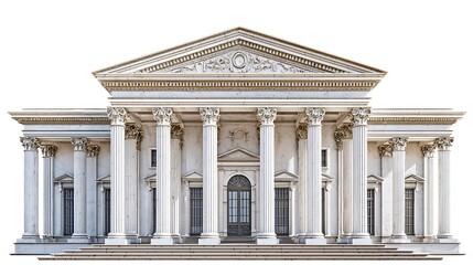 Obraz premium Majestic Classical Building Facade with Corinthian Columns and Pediment, Isolated on White.