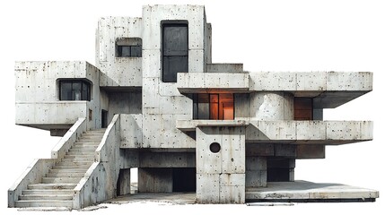 Brutalist Concrete House Architectural Rendering Modernist Design with Exterior Staircase.