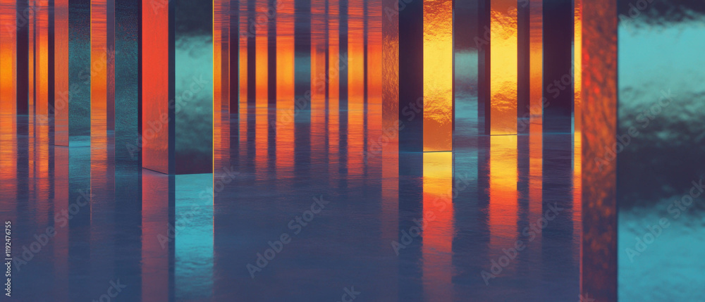 Poster mirrored panels create an illusion of expanded reflective space at sunset