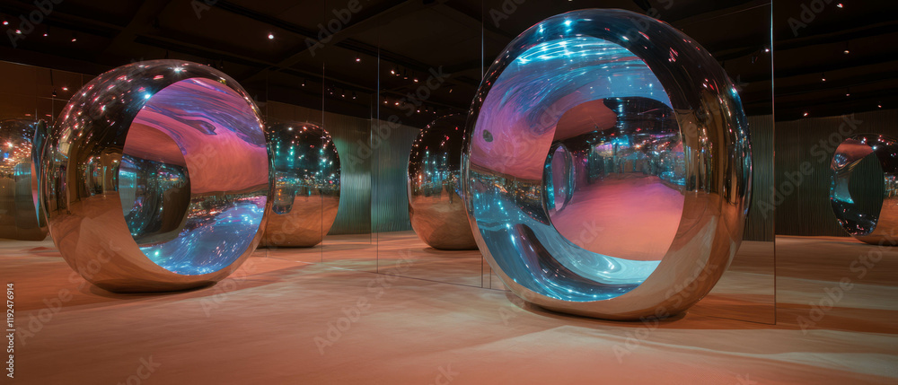 Aufkleber mirrored sculptures create a captivating interplay of light and reflection in an art display