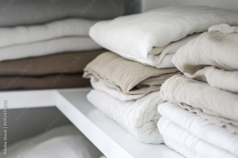 Poster a stack of folded linens on a shelf in a closet