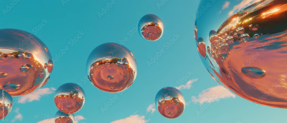 Aufkleber Mirrored spheres create a surreal world through distorted reflections in bright skies