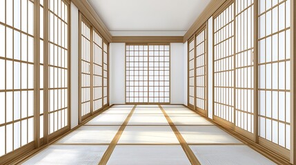Serene Minimalist Japanese-Style Room with Shoji Screens and Tatami Mats.