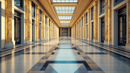 Fototapeta premium grand hallway with marble flooring and tall columns, illuminated by natural light from skylights. elegant architecture creates luxurious atmosphere