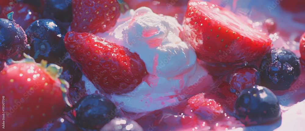 Poster Mixed berries topped with whipped cream create a refreshing summer dessert delight