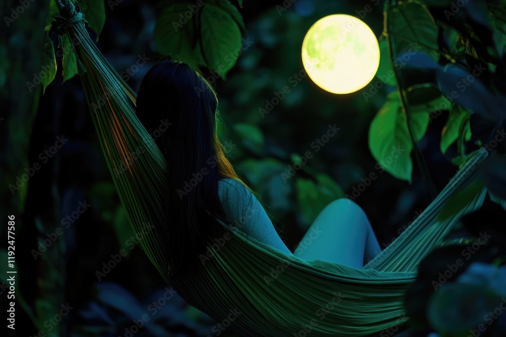 Aufkleber a person lounging in a hammock under the light of a full moon