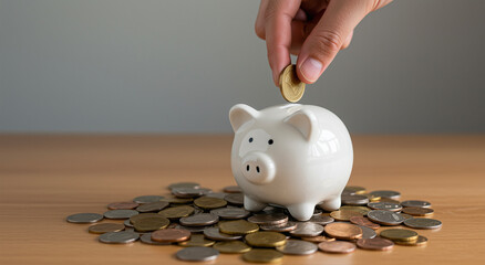 Piggy bank, hand placing coin with scattered coins on wooden surface, symbolizing saving, financial planning, and money management for economic growth and security