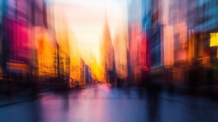 Fototapeta premium Abstract Cityscape Motion Blur with Vibrant Sunset Colors, Urban Speed Photography.