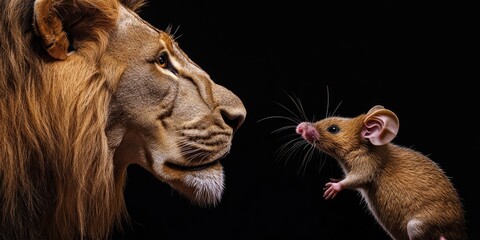 Fototapeta premium Wild animal encounter between a majestic lion and a small mouse, great for wildlife or nature themes