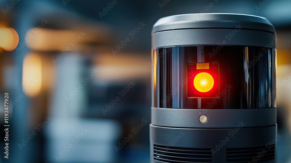 Poster Fire alarm idea. Close-up of a robotic device with a glowing red light, showcasing advanced technology.