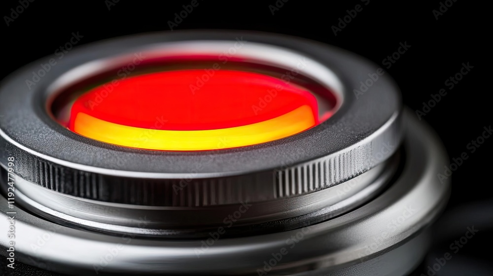 Poster fire alarm idea. close-up of a modern metallic button with a vibrant red and yellow design.