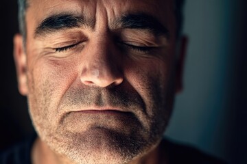 Obraz premium A close-up shot of a man's face with his eyes closed, ideal for representing contemplation or relaxation
