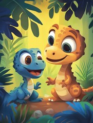 Cute dinosaurs sitting in a vibrant jungle setting with green foliage, cartoon style, suitable for childrens products