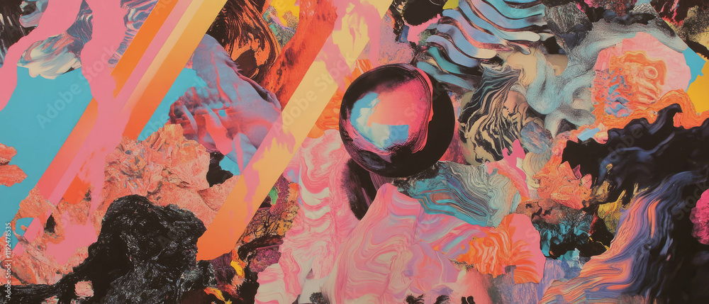 Poster Exploring layers of vibrant colors and intricate patterns in a maximalist composition