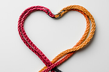 Fototapeta premium A heart shape formed by intertwined dog leashes, postcard design with empty space for greeting. Valentine concept, veterinary