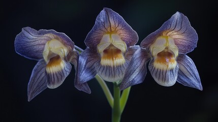 Close-up shot of three purple flowers on a stem