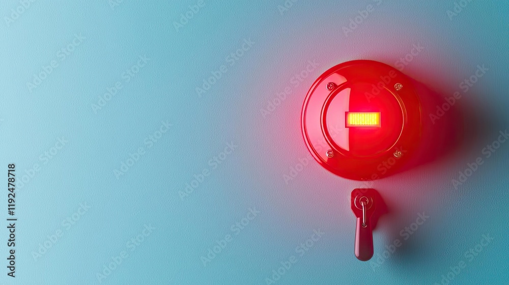 Poster fire alarm idea. close-up of a red alarm bell on a blue wall, symbolizing warning and alert systems.