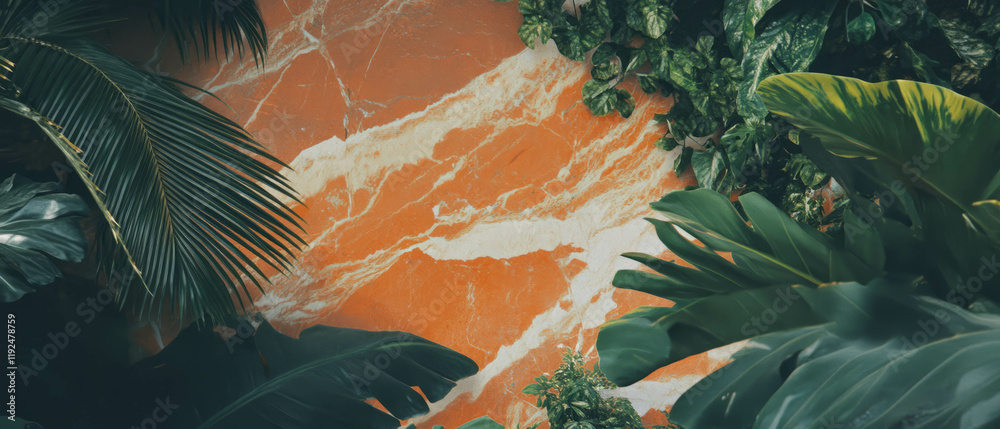 Poster natural textures with marble patterns and lush greenery in an organic setting