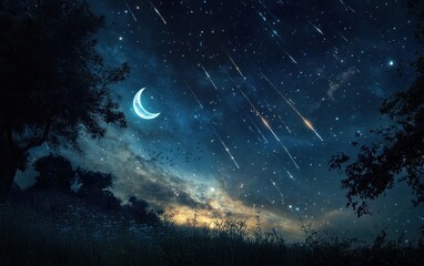 Fototapeta premium Enchanting Night Sky with Crescent Moon, Shooting Stars, and Silhouetted Trees.