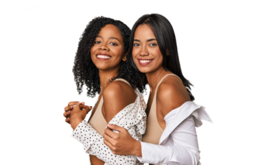 Latin women in underwear laughing together in studio