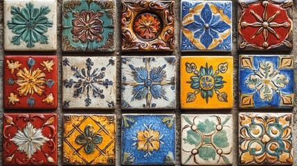 Colorful decorative tiles arranged in an intricate pattern showcasing traditional craftsmanship