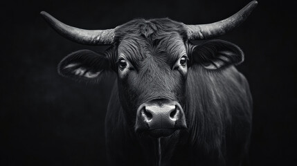 Naklejka premium close up portrait of black cow with prominent horns, showcasing its expressive eyes and detailed fur against dark background. image captures animal strength and presence