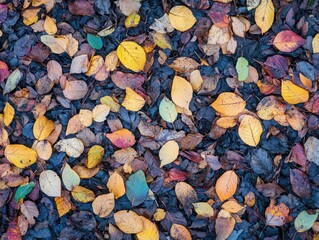 Overhead view of fallen autumn leaves in vibrant colors covering dark soil, close-up