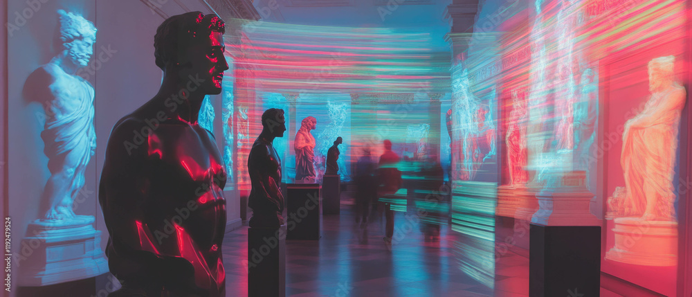 Poster Neon symbols light up statues, creating a captivating art interpretation in the exhibit