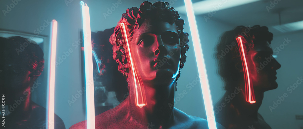 Poster Neon symbols illuminate statues in artistic projection display
