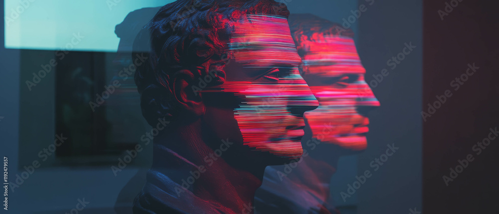 Poster visually striking neon symbols illuminate classical statues in artistic display