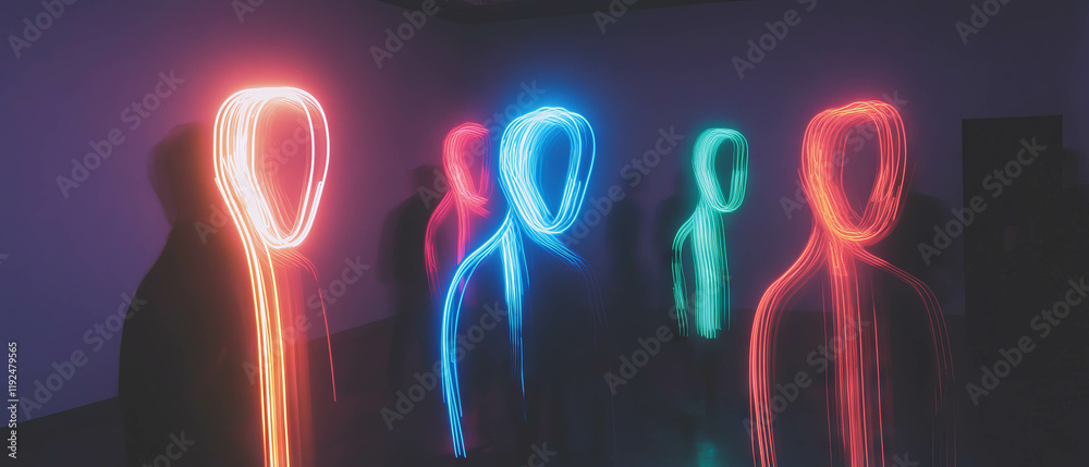 Poster Neon tubes create abstract forms resembling statues illuminated in a minimalist space
